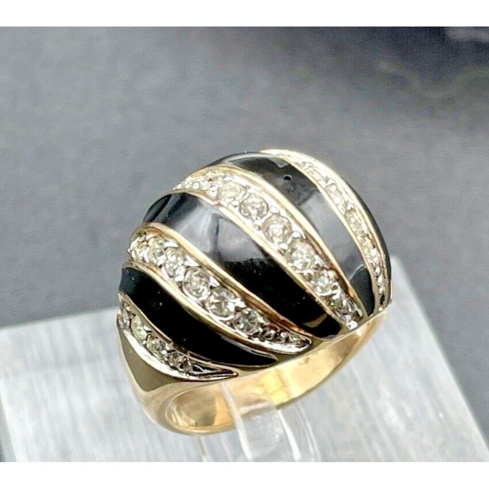 Ana BeKoach Black Enamel & Rhinestone Dome‎ Ring  Size 9 Vintage